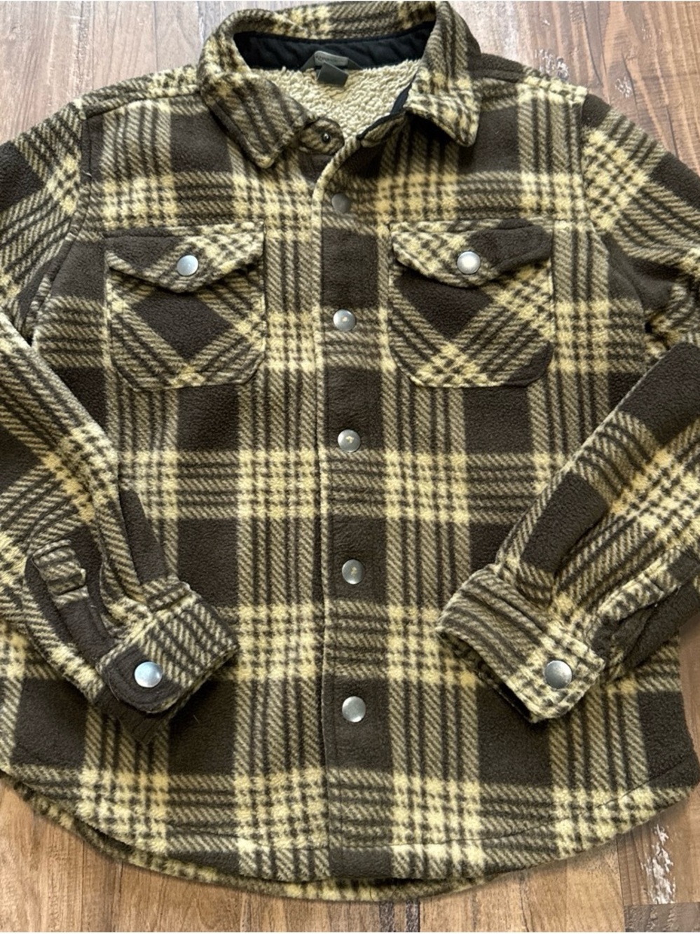 Kids Plaid Sherpa-Lined Button Jacket - Brown & Cream